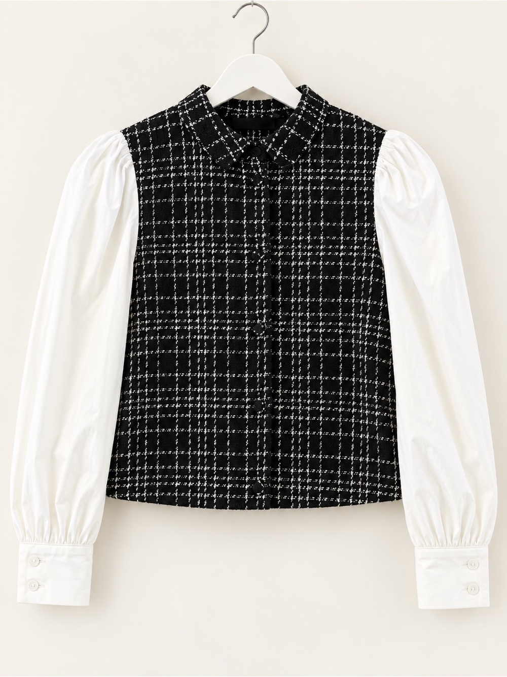 Zara Tweed Contrast Puff Sleeve Top Black White L NWT